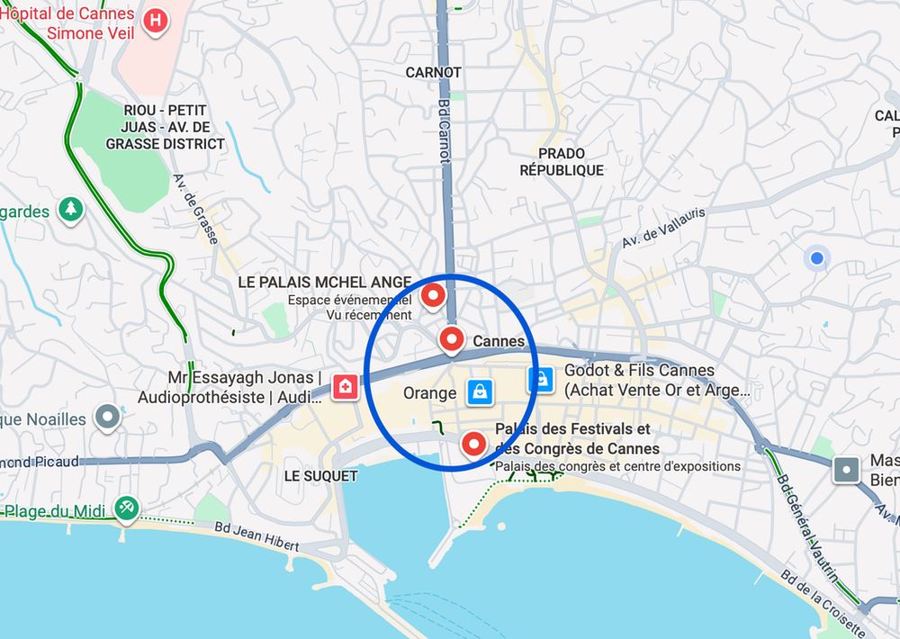 Carte de localisation du Palais Michel Ange, à proximité du Palais des Festivals de Cannes